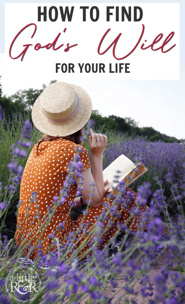 Women wearing hat and tan dress sitting in a field of lavender reading a book