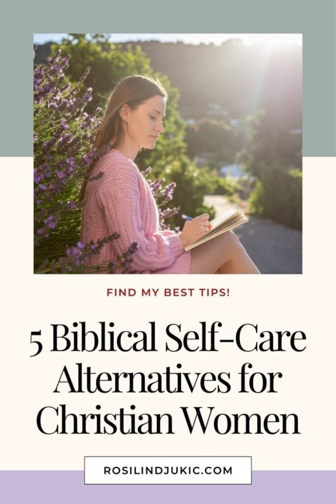 Woman in garden journaling finding biblical self-care alternatiaves for Christian women