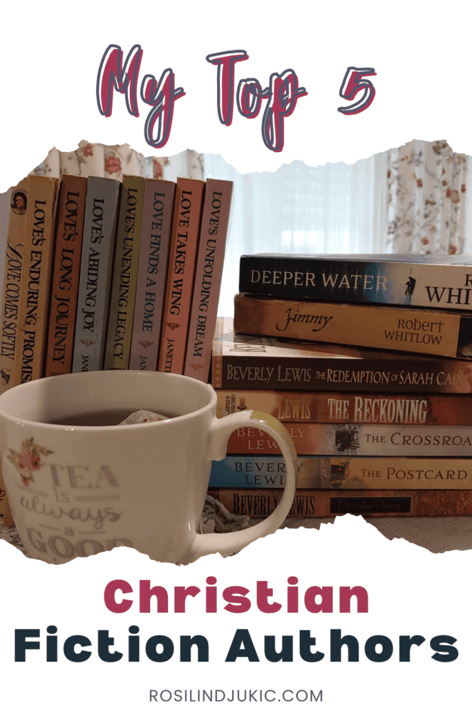 A stack of Christian fiction books next to a cup of tea