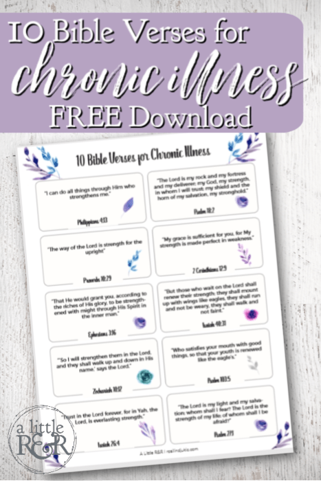 Download these 10 Bible verses for chronic illness to help remind you from where you strength comes on those days when you have a flare up.#alittlerandr #Bibleverses #WarRoom #Printable #chronicillness #fibromyalgia #adrenalfatigue #chronicfatigue