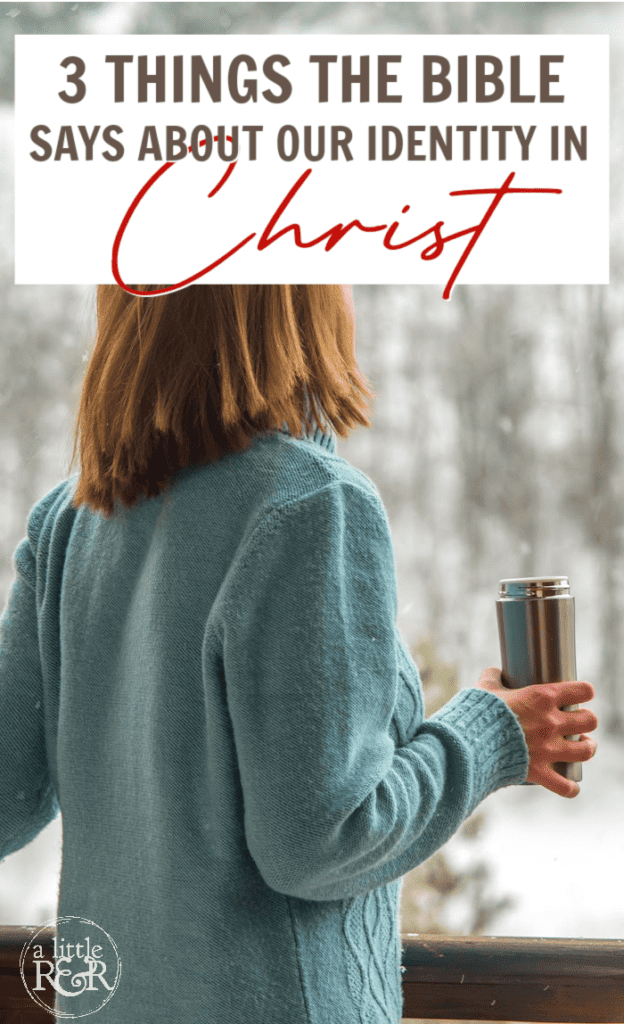 Woman on porch in the snow holding coffee thermos