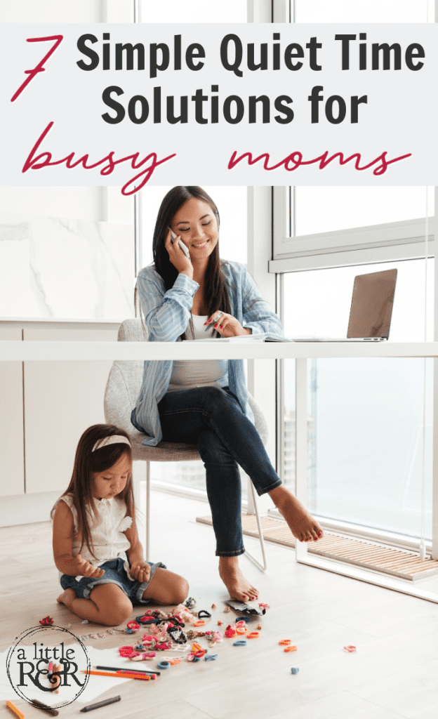 Mom sitting at desk containing a laptop, talking on the phone while child plays with toys on the floor