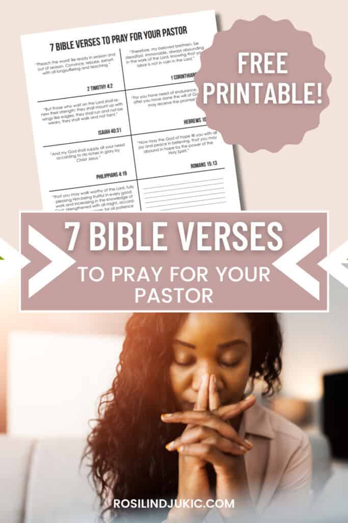 Woman praying plus a layout of the Bible verses to pray for your pastors