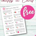 layout of verses for your identity in Christ on a white wood background with bright pink flowers
