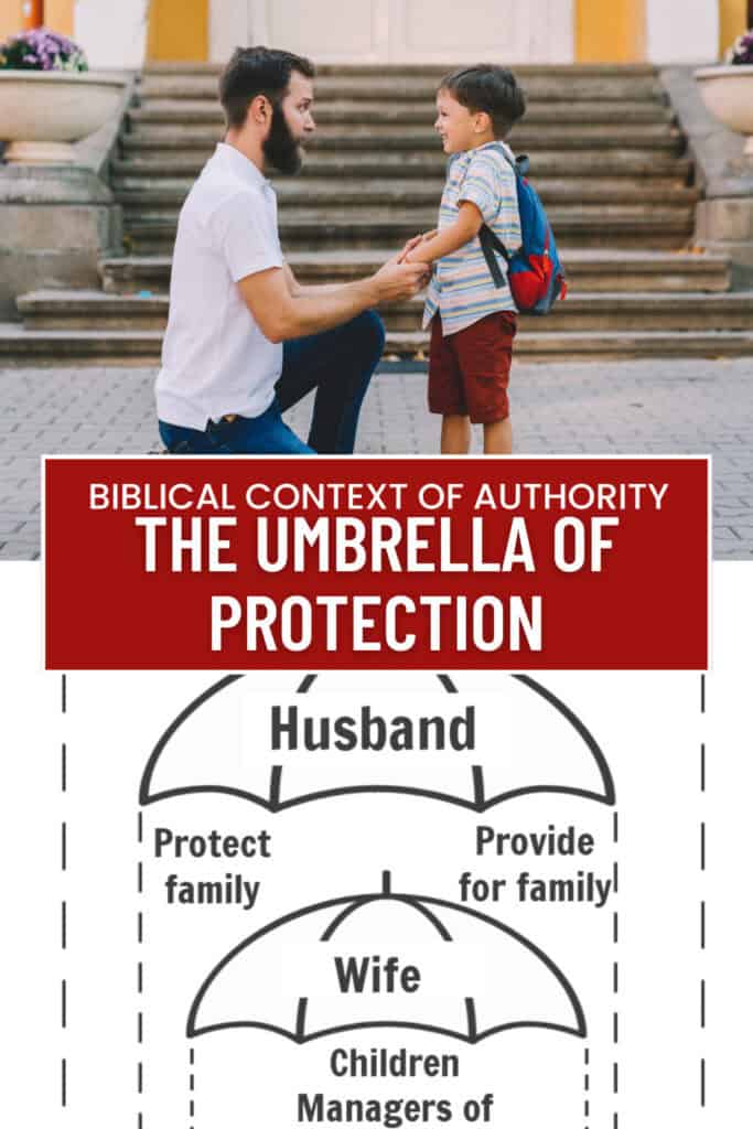 An image of the umbrella of protection, and a father speaking with his son