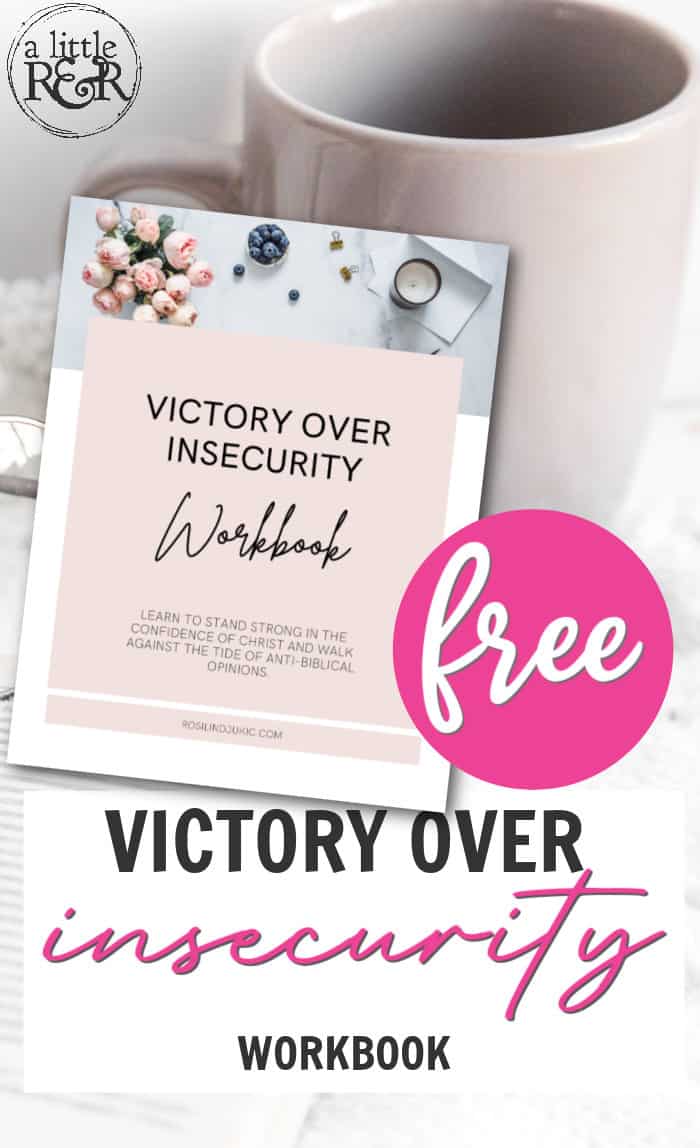 Victory Over Insecurity Workbook layout with grey coffee mug