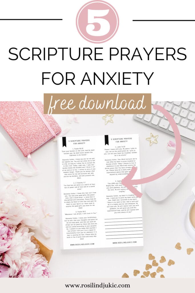 Desk layout with the two printable bookmarks with 5 Scripture prayers for anxiety