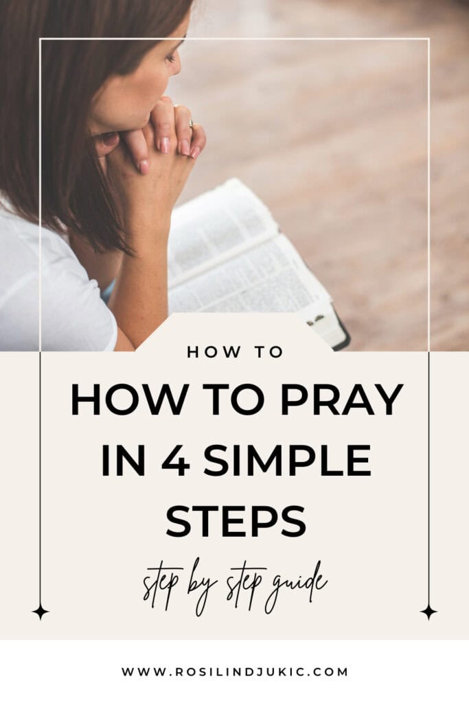woman praying with hands folded under chin and Bible open on lap following how to pray in 4 simple steps