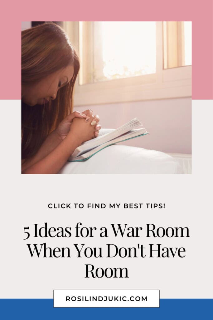 Woman praying with hands folded on a Bible getting ideas for a war room