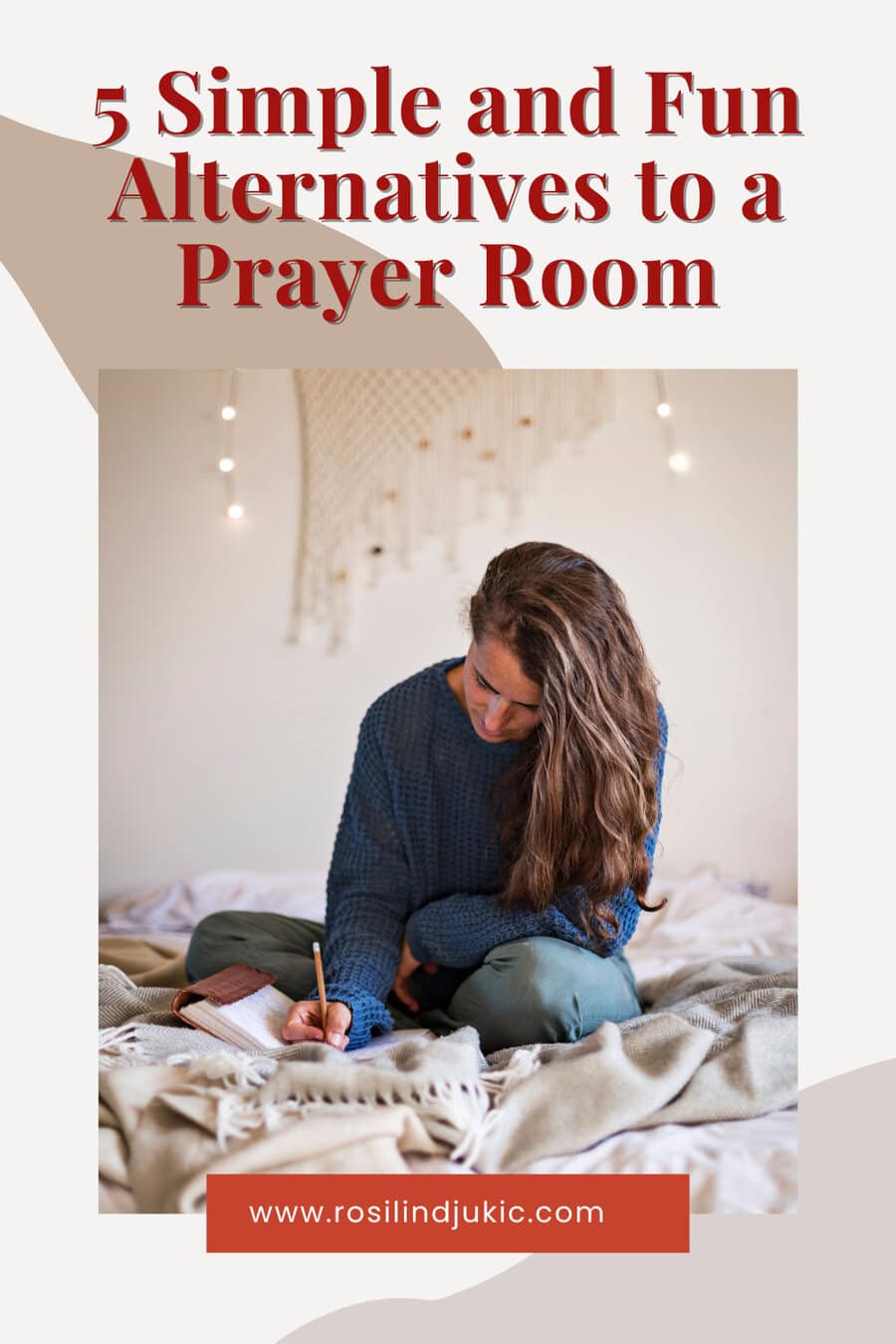 Woman sitting on bed with lights behind her writing in an alternative to a prayer room
