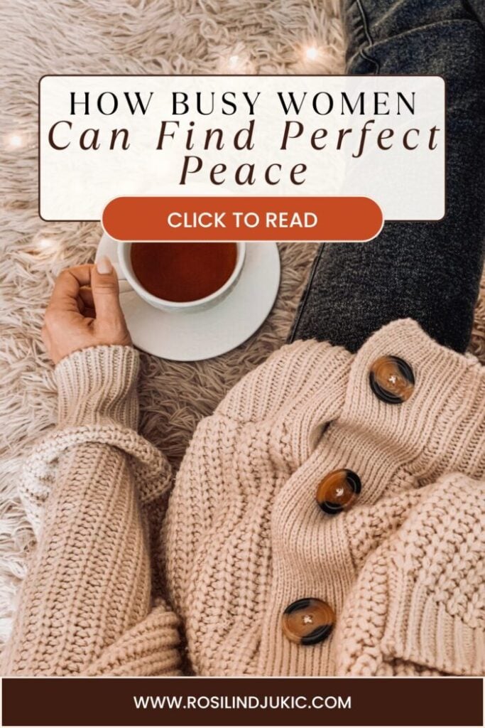 Woman in tan sweater resting with a cup of tea