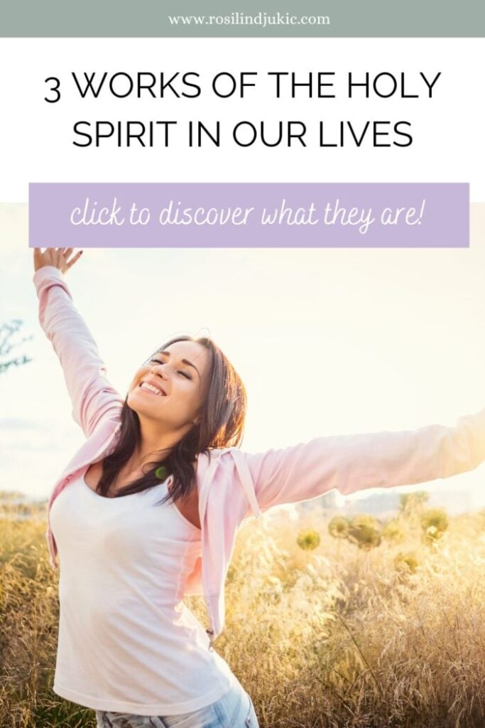 Woman outside with arms stretched and happy because of the works of the Holy Spirit